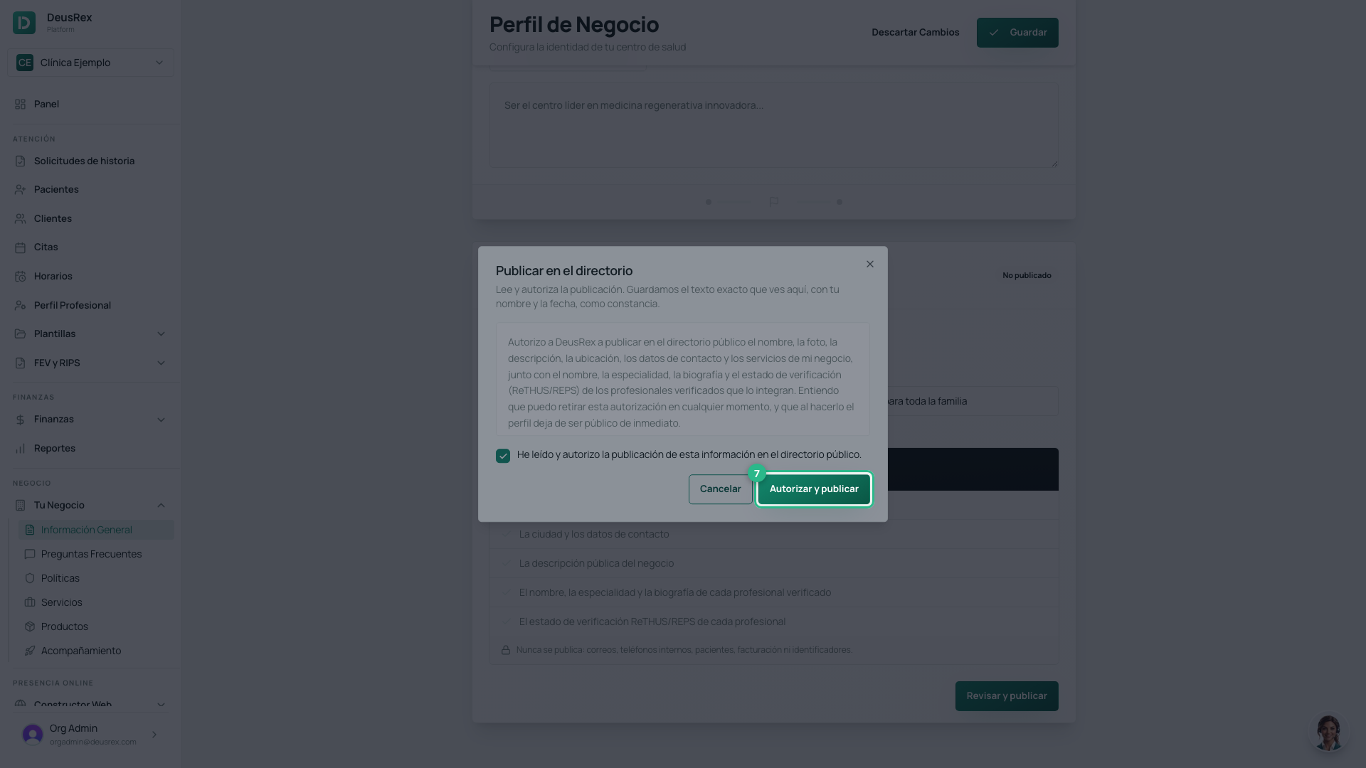 La autorización, con la casilla que habilita el botón